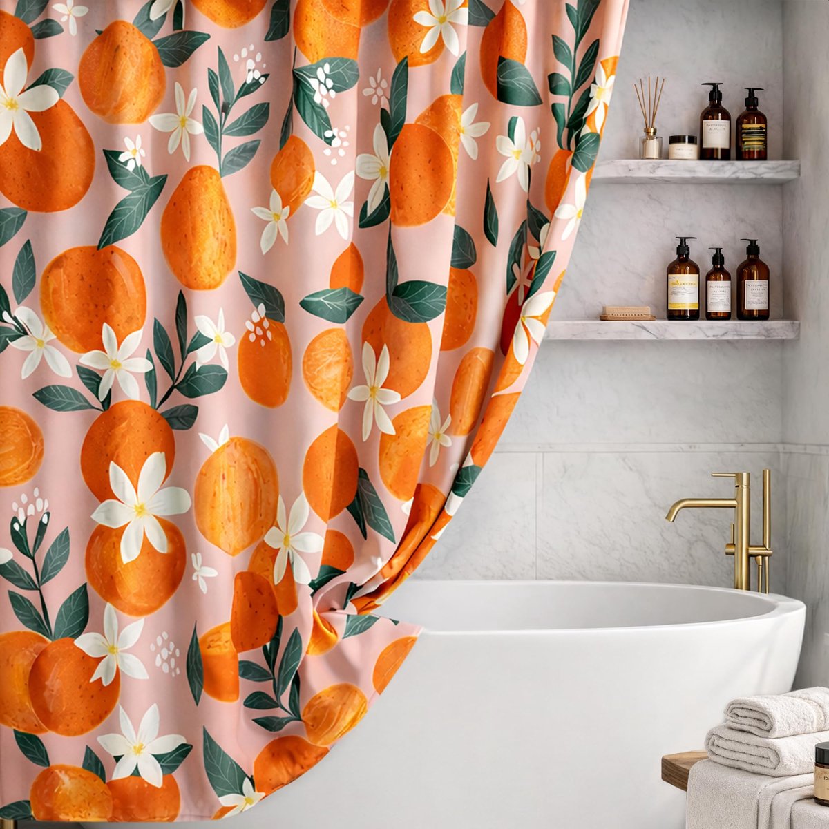 SnelShoppen - Perzik douchegordijn voor badkamer met tropisch fruit en bloemen, waterdicht polyester, oranje abrikoos kleur, set met 12 haken, ideaal