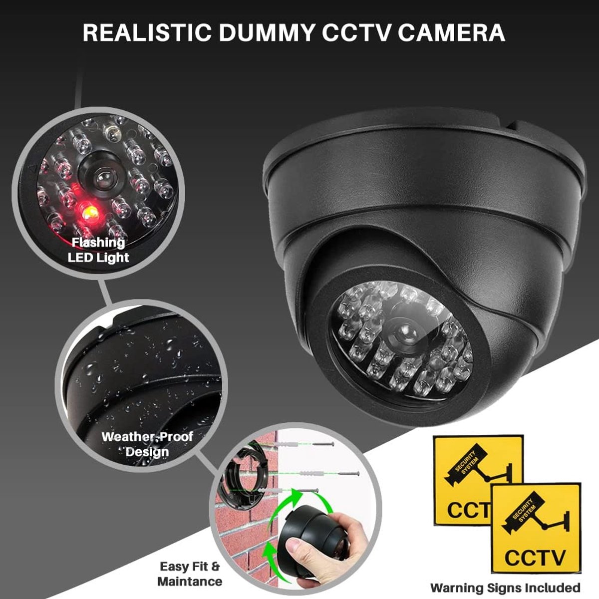 SnelShoppen - 2x Dome Dummy CCTV Camera Binnen/Buiten Waterdicht met Realistische LED-verlichting - Nep CCTV-camera - Zwart - Tweepack voor Veiligheid