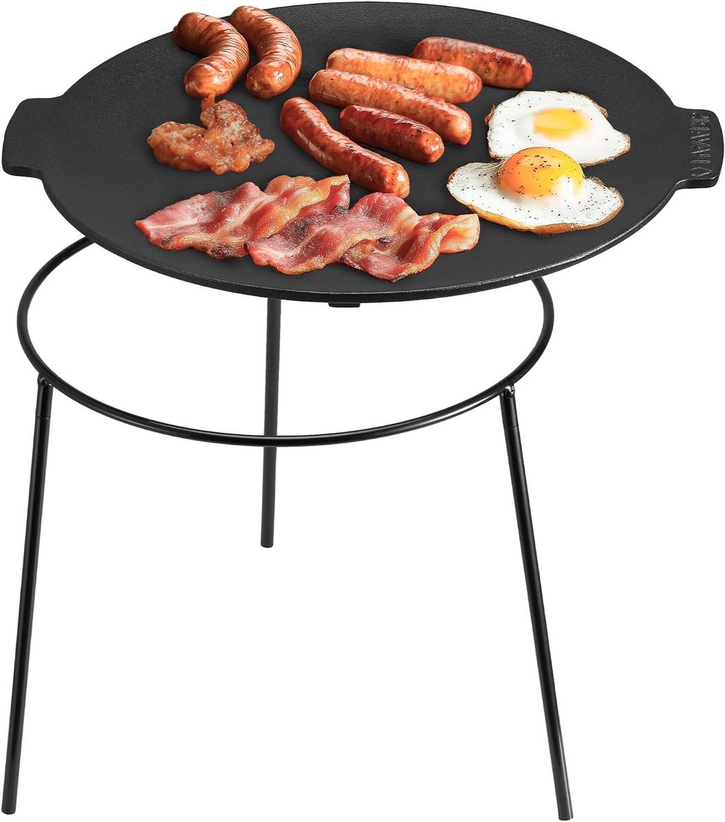 Gietijzeren grillplaat - Bakplaat BBQ - Buiten koken - Afneembare poten - 34 cm diameter - Zwart
