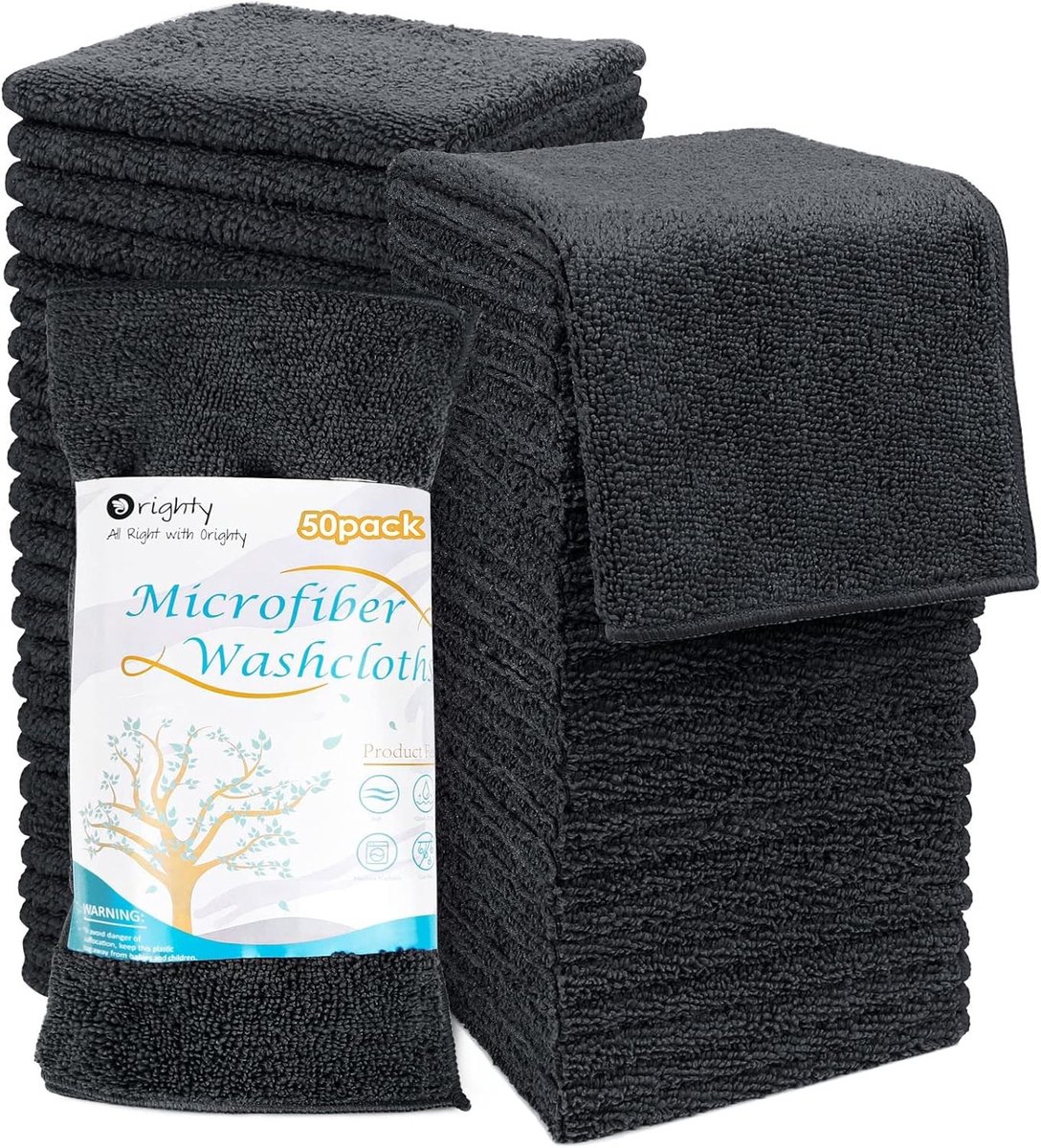 Set van 50 Microfiber Wasdoeken, Zeer Absorberend en Superzacht, Multifunctionele Handdoeken voor Badkamer, Hotel, Spa en Gym, 12x12 Inch, Zwart