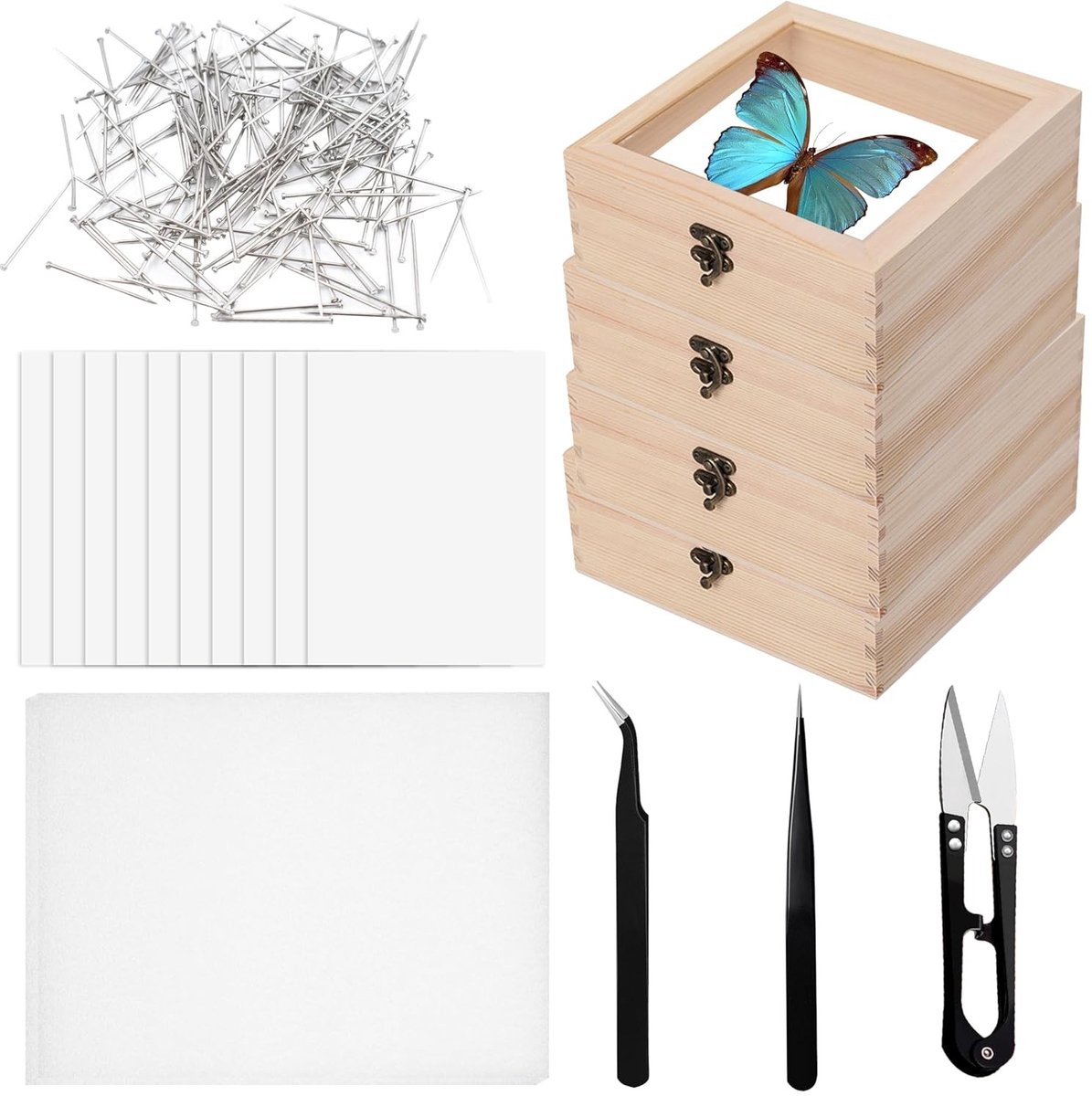 Insectenverzameling Gereedschapsset met Display Koffer, 4 Houten Dozen, 10 Vellen Transparant Papier en 200 Insectenpennen voor Professionele Collectie