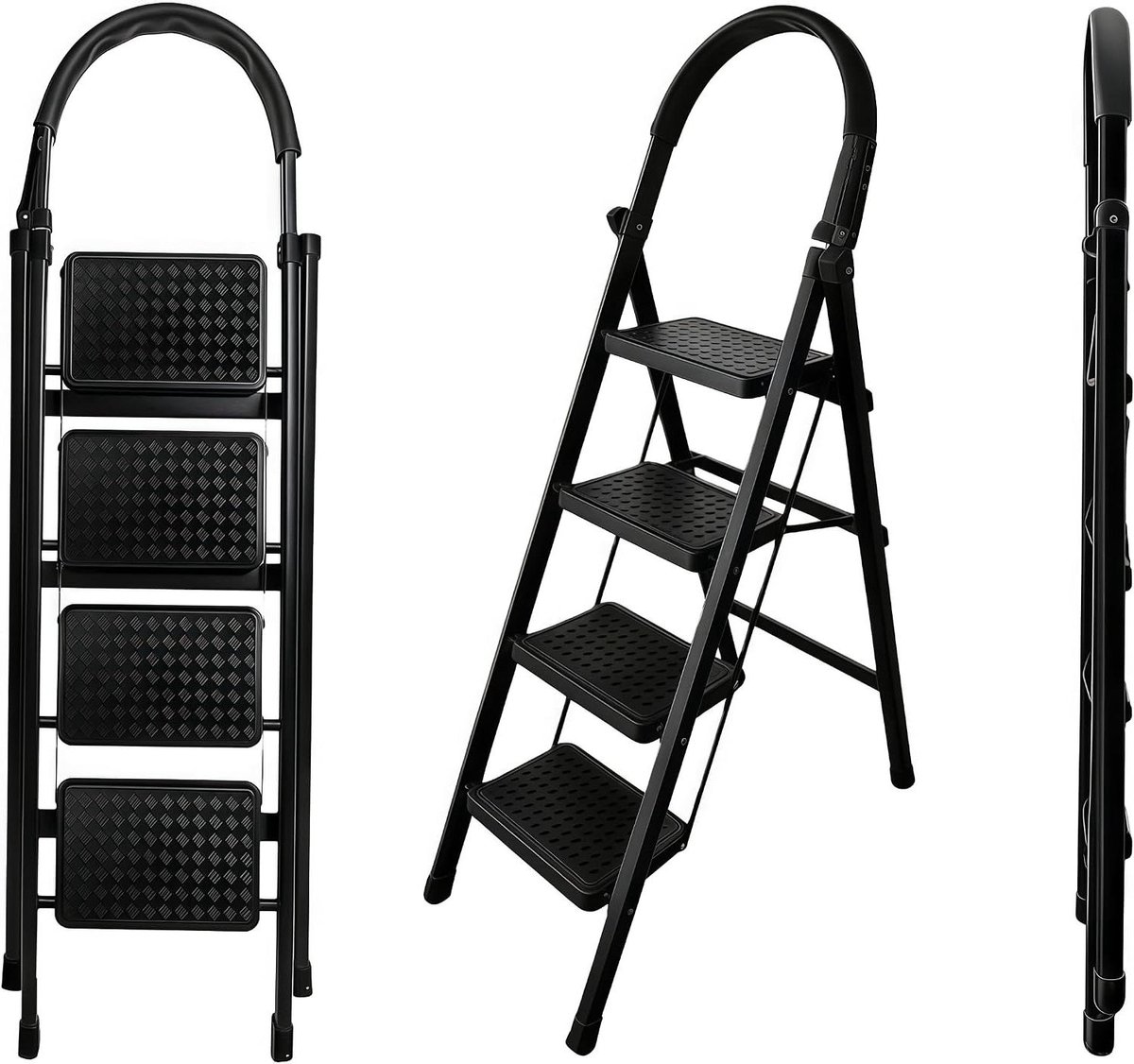 Ladder 4 treden - Vouwladder keukentrap - Huishoudelijk werk - Veiligheidsvergrendeling leuning - 150 kg draagkracht - Wit zwart