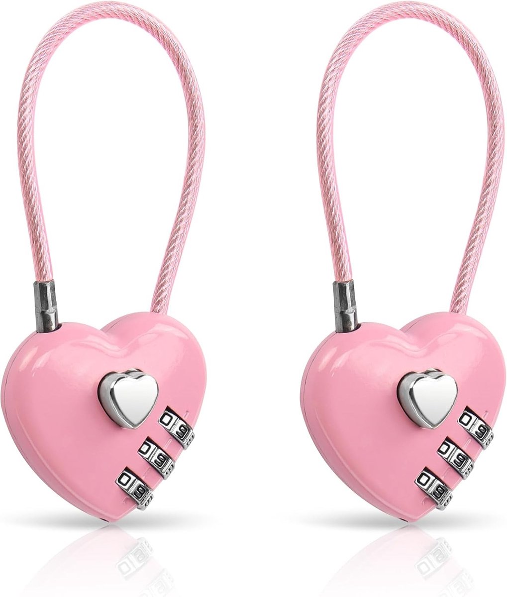 Set van 2 Hartvormige 3-Cijferige Hangsloten voor School, Gym en Koffers - TSA Goedkeuring, Ideaal voor Lockers en Rugzakken, Perfect Valentijns Cadeau (Roze)