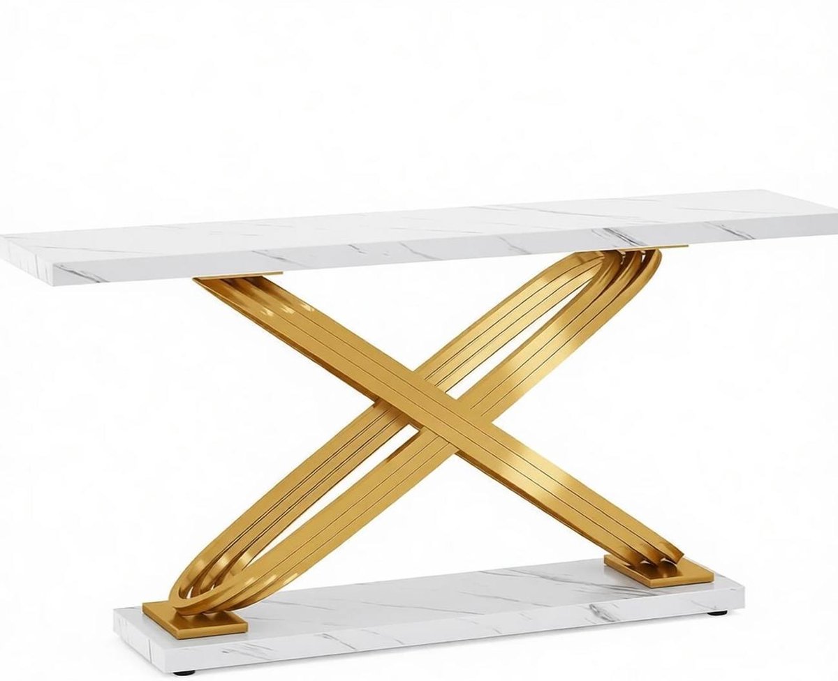 REDOM - Sidetable - Wit kunstmarmer tafelblad - X-vormig metalen frame - Design - Voor woonkamer, hal en kantoor - Metaal en hout - Goud en Wit - 140 x 35 x 80 cm