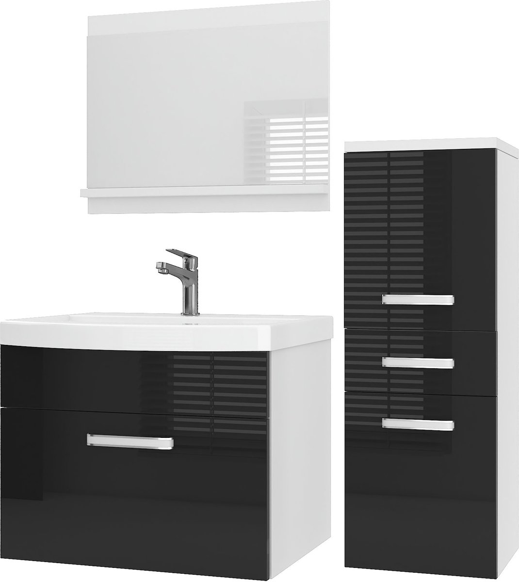 BELINI Badkamermeubel Set PRI P2 - Badmeubelset 90 cm Zwart Hoogglans met Wastafel en Spiegel - Wandmontage