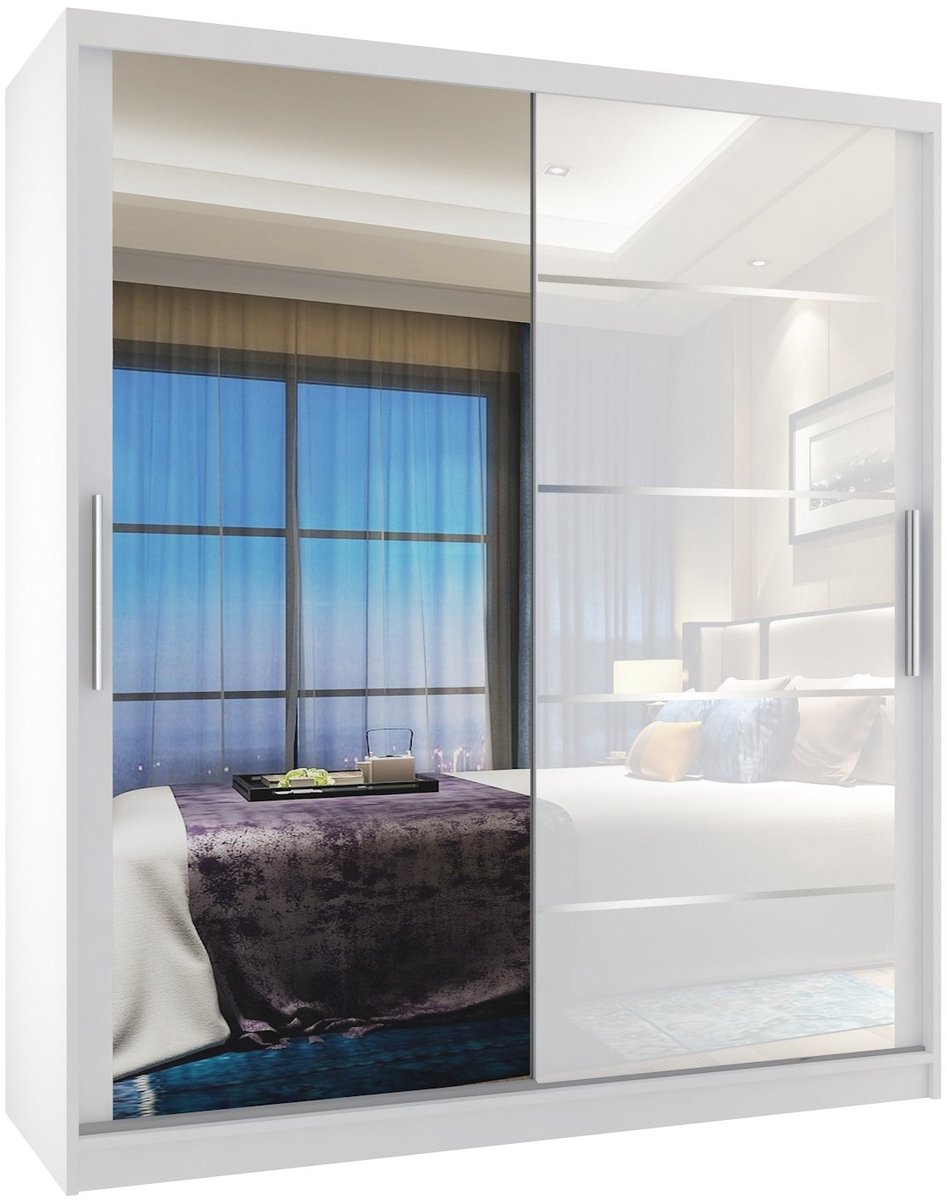 BELINI Verona MGB Schuifdeurkast 133 cm Wit Hoogglans - Kledingkast met Spiegel - Comfort Line Hoogglans