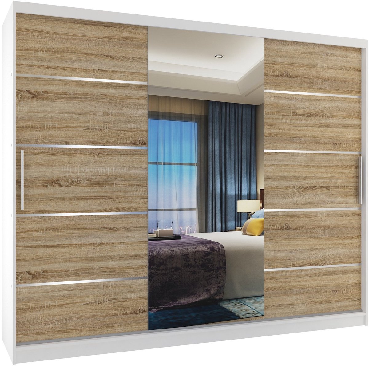 BELINI Verona MBP Schuifdeurkast 232 cm Wit/Sonoma Eiken Mat - Kledingkast met Spiegel - Comfort Line Slaapkamerkast
