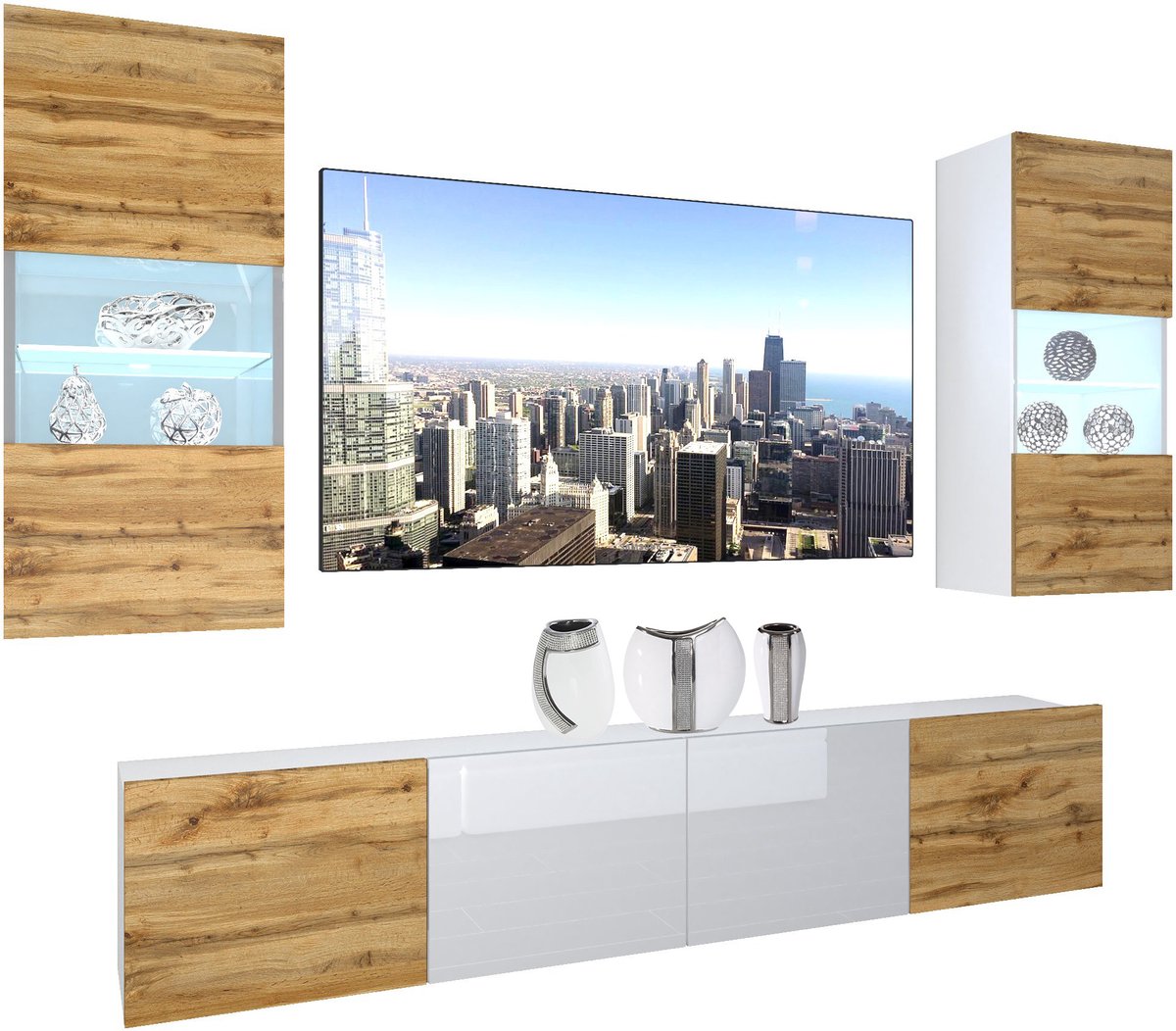 BELINI Wandmeubel NEX 7 - TV-Wandkast Set met LED-Verlichting Wotan Eiken / Wit - Hoogglans Fronten