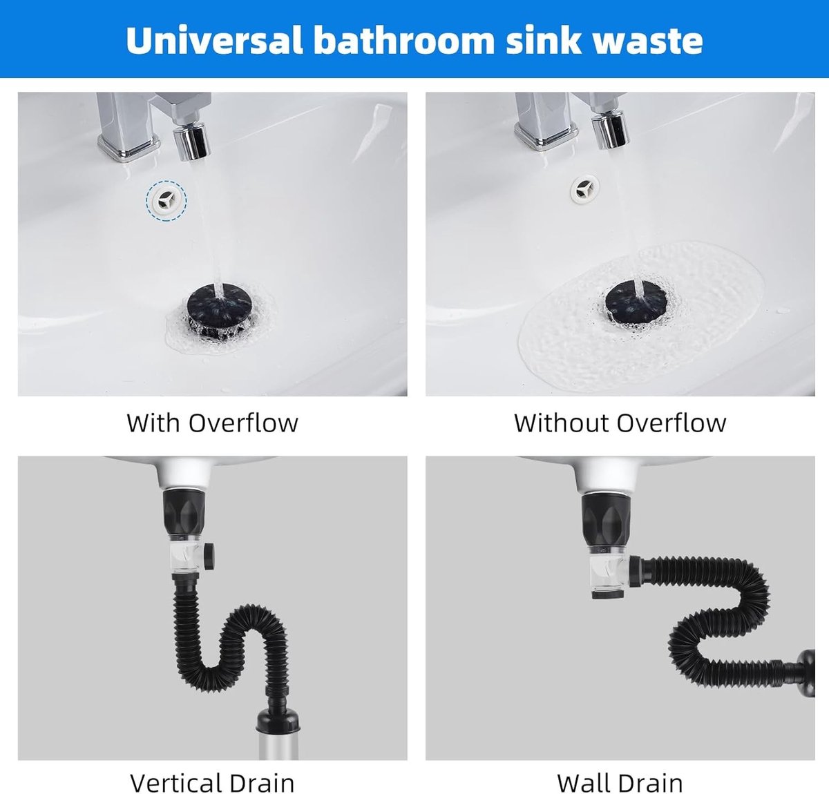 Drainafvoerset voor Badkamer met Universele Pop-up Click Clack Afvoer, Flexibele Afvoerslang, Geurvrij en Levenslang Lekvrij - Zwart, Ideaal voor wastafels en sanitair