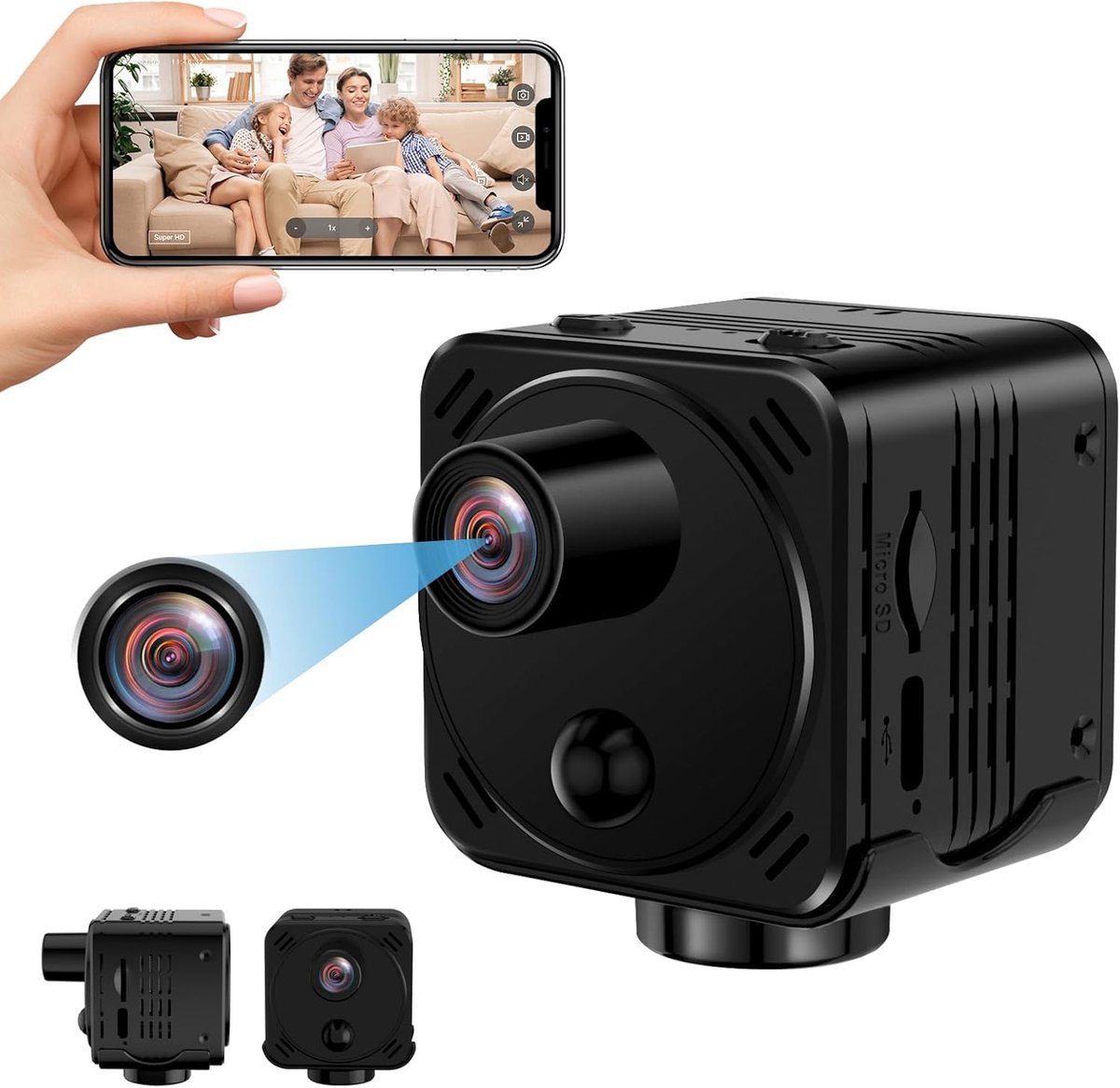 SnelShoppen - Mini WiFi Camera 4K met Nachtzicht, PIR Sensor, 120° Hoek, Draadloze Mini Camera voor Thuis en Kantoor, 15 Uur Accuduur, Compacte Beveil