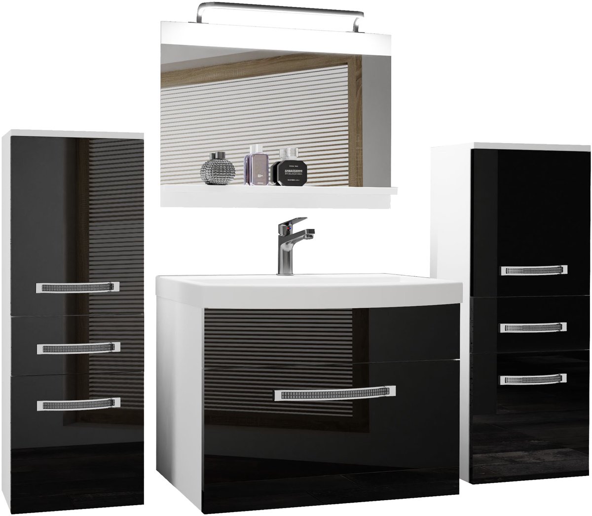 BELINI Badkamermeubel Set GLA P 4 - Badmeubelset 140 cm Zwart Hoogglans met Wastafel, Spiegel en LED Lamp - Wandmontage