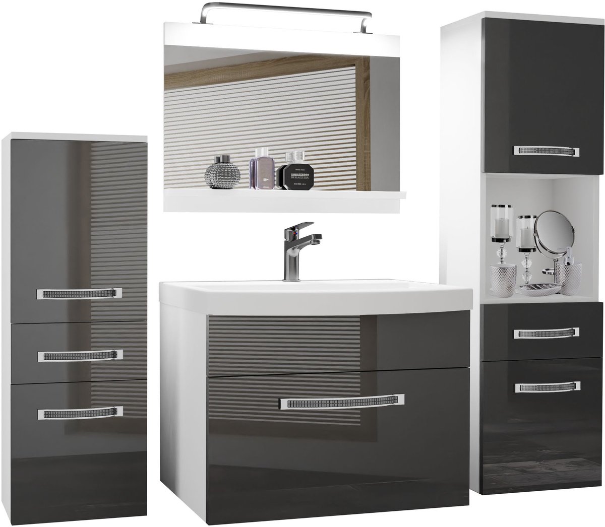 BELINI Badkamermeubel Set GLA P 5 - Badmeubelset 140 cm Grijs Hoogglans met Wastafel, Spiegel en LED Lamp - Wandmontage