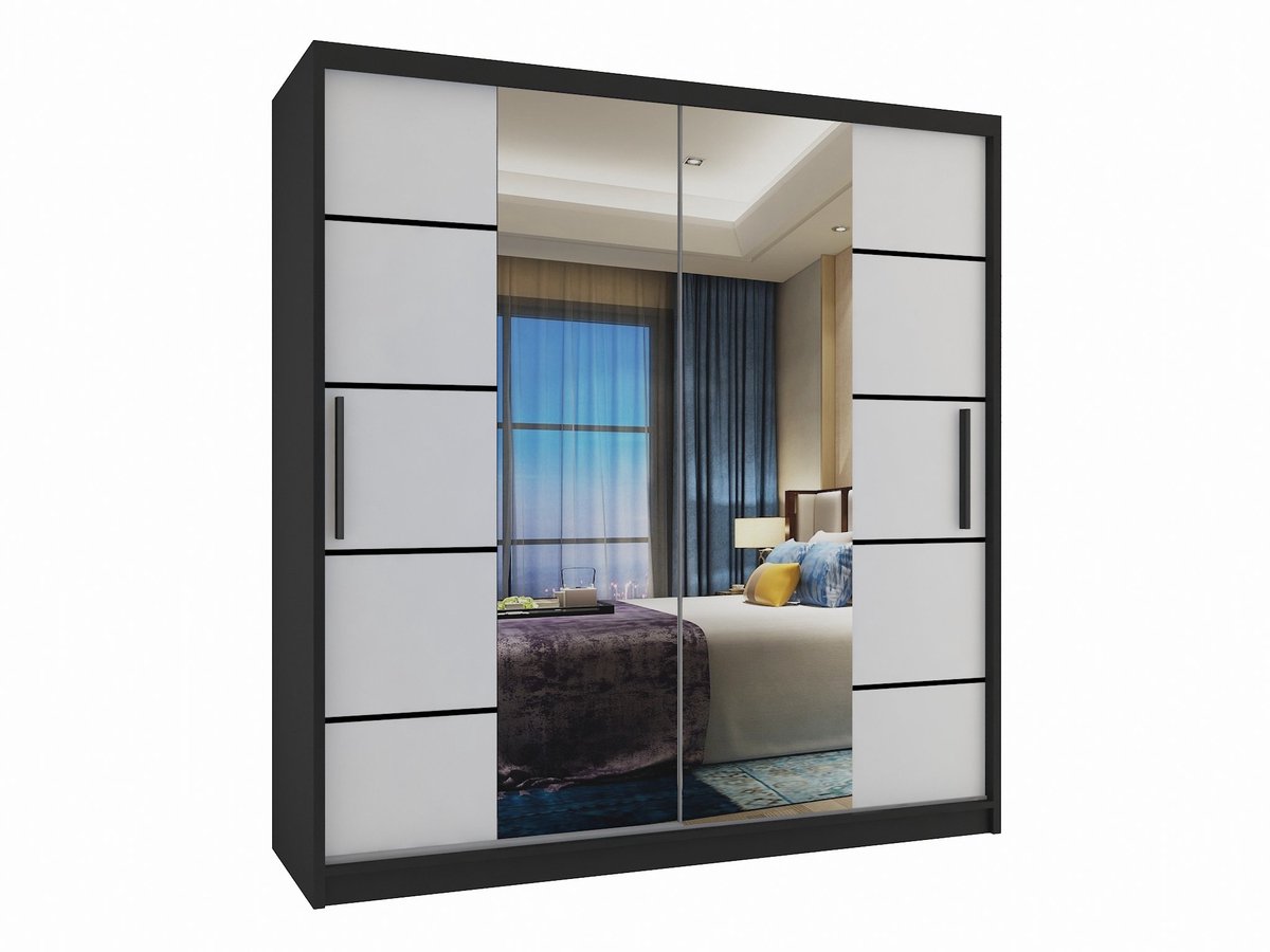 BELINI Verona ME Schuifdeurkast 158 cm Zwart/Wit Mat - Kledingkast met Spiegel - Comfort Line Slaapkamerkast