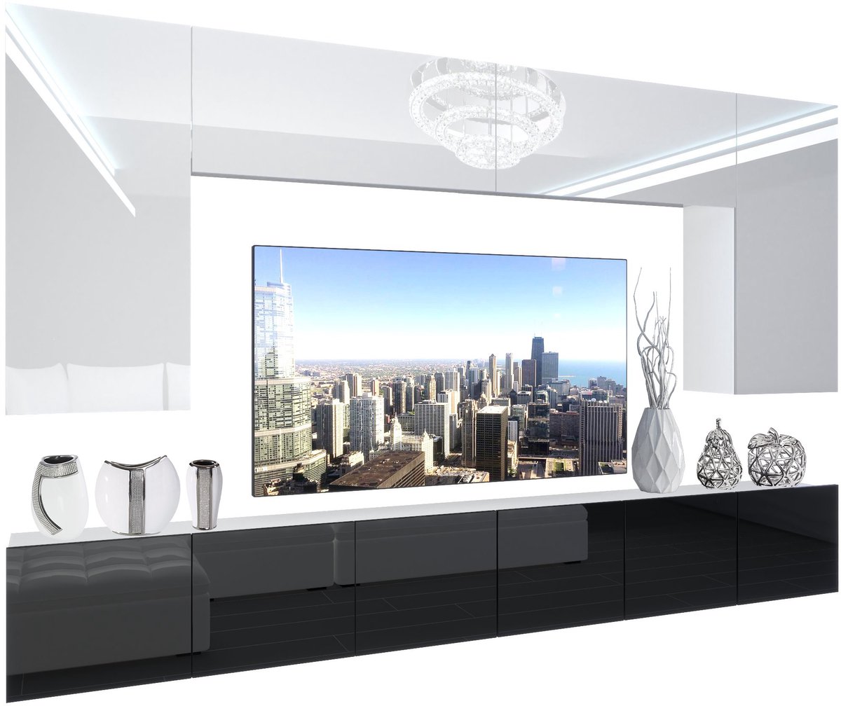 BELINI Wandmeubel NEX 2 - TV-Wandkast Set met LED-Verlichting Wit / Zwart - Hoogglans Fronten