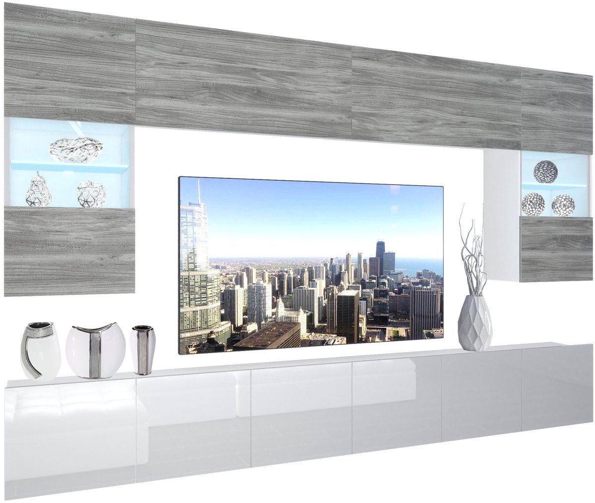 BELINI Wandmeubel NEX 1 - TV-Wandkast Set met LED-Verlichting Glamour Hout / Wit - Hoogglans Fronten