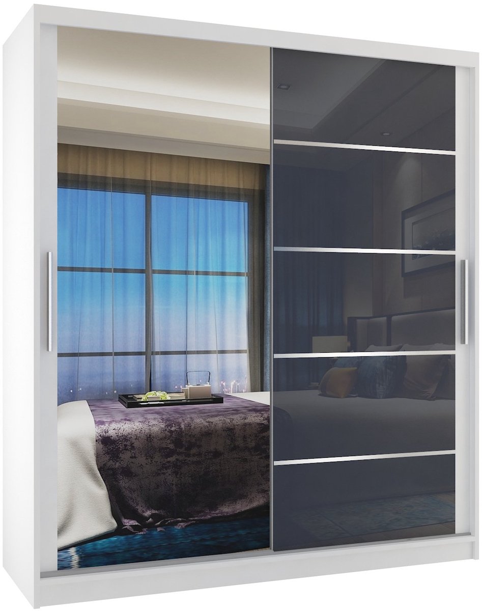 BELINI Verona MGB Schuifdeurkast 133 cm Wit/Grijs Hoogglans - Kledingkast met Spiegel - Comfort Line Hoogglans