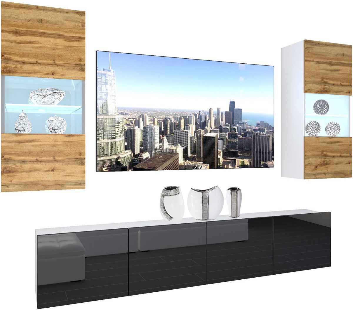 BELINI Wandmeubel NEX 7 - TV-Wandkast Set met LED-Verlichting Wotan Eiken / Zwart - Hoogglans Fronten