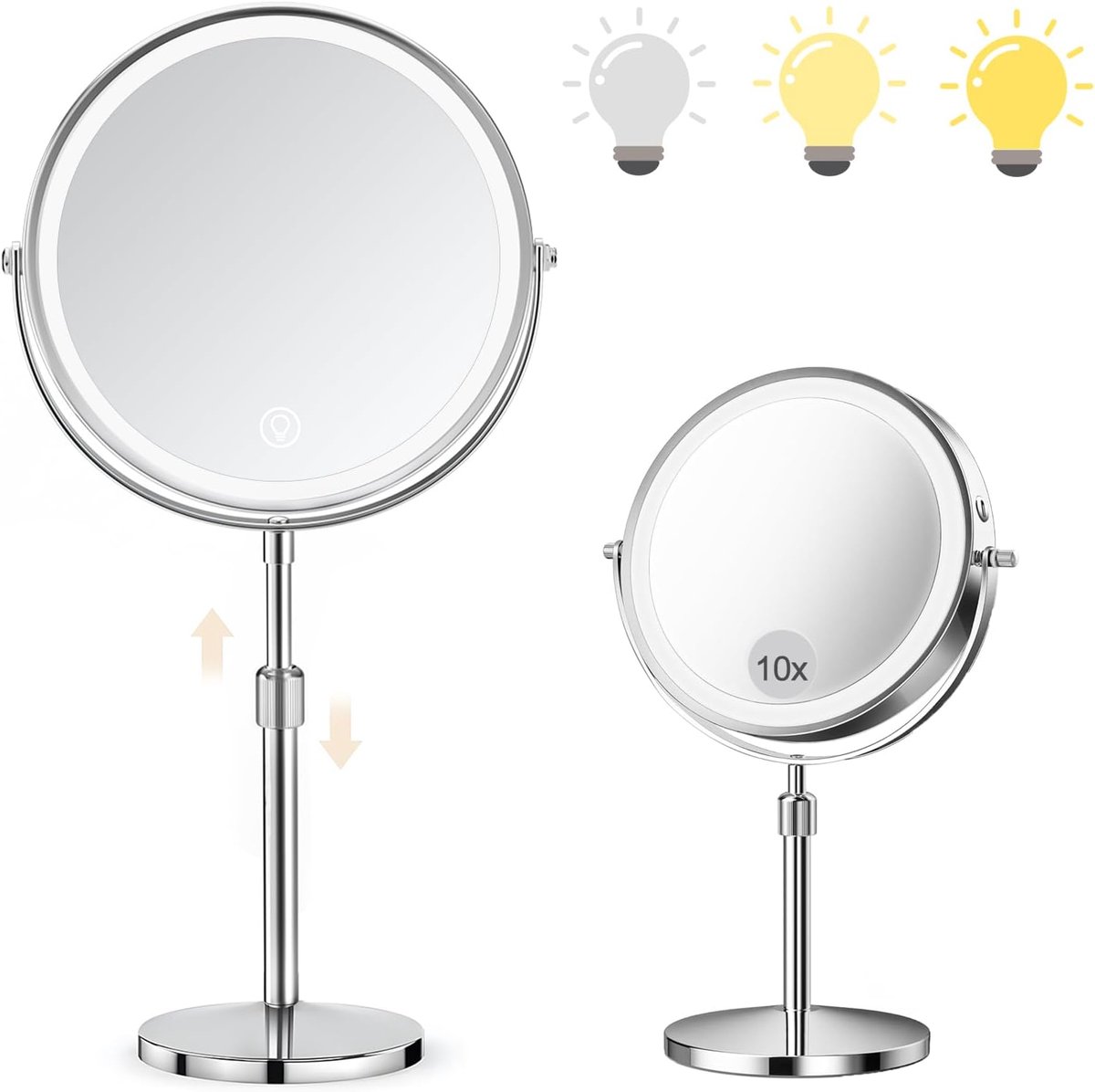 SnelShoppen - Oplaadbare make-upspiegel 20 cm met verlichting - 10X/1x vergrotend, 3 kleuren traploos dimbaar, 360° rotatie, in hoogte verstelbaar en