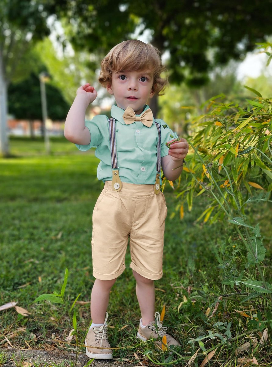 SnelShoppen - Volunboy Baby jongen zomer kleding set, peuter gentleman pak met vlinderdas, shirt & bretels shorts romper set, groen Beige, 12-18 maand