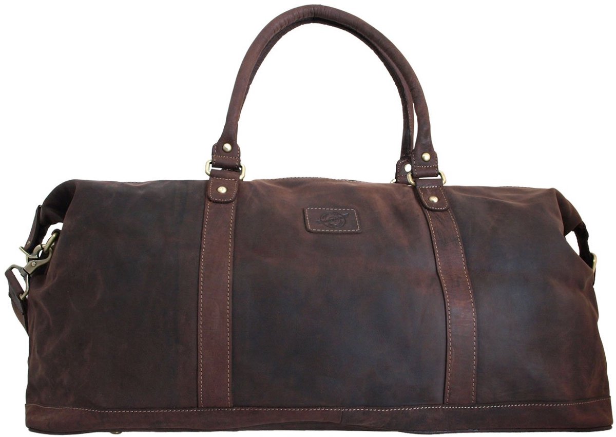 SnelShoppen - Ruime vintage reistas/weekendtas van geolied rundleer in Dark nootmuskaat - Ideaal voor reizen, weekendjes weg, sport en vakantie - Afme