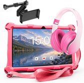 Roze kindertablet met landschap op scherm, draadloze koptelefoon en een autohouder.