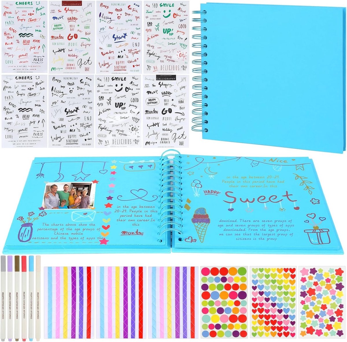 Creatief Fotoalbum met 80 Bladzijden, Spiraalbinding, 6 Metallic Kleurpotloden en 14 Stickers voor Scrapbooking en Persoonlijke Cadeaus voor Baby en Familie