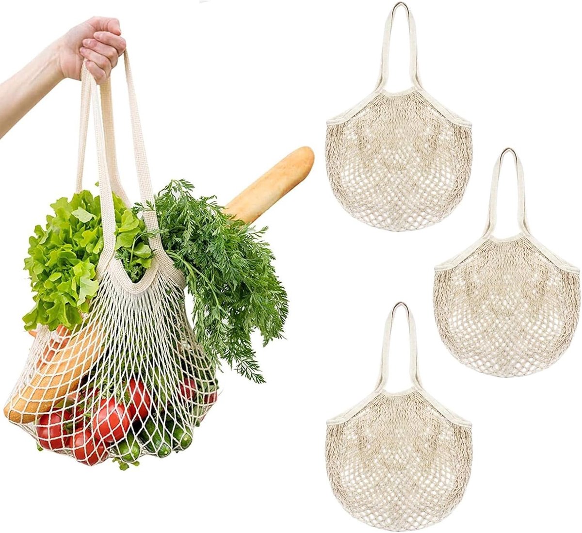 Set van 3 Herbruikbare Vouwbare Katoenen Netten voor Boodschappen, Eco-vriendelijk en Duurzaam