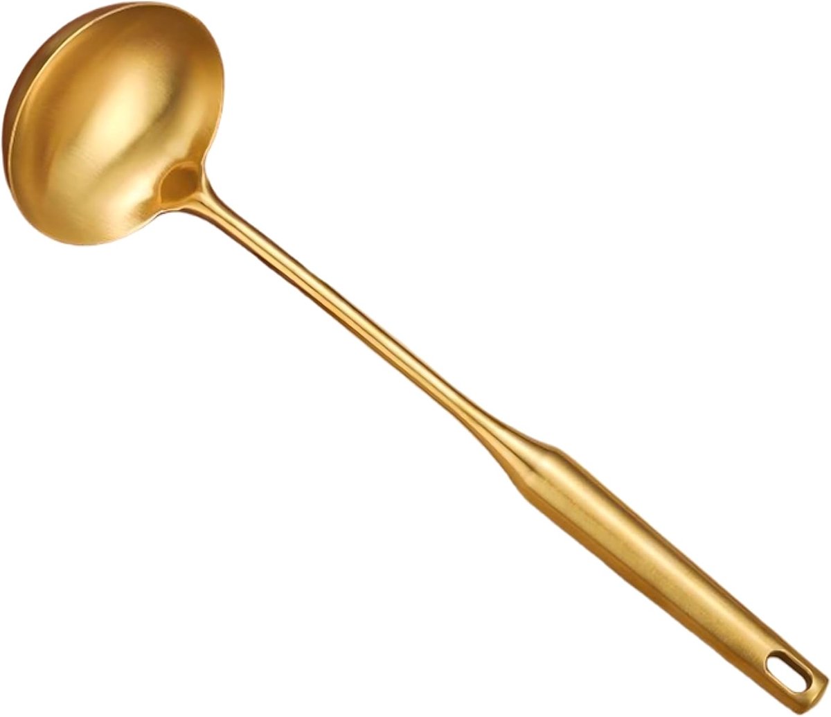 Soeplepel van roestvrij staal 304 met ergonomische ronde vacuümgreep, kooklepel, grote soeplepel, goud.