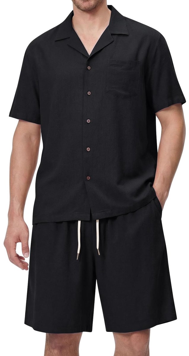 SnelShoppen - Heren Strandoutfits 2-delig, Korte Mouwen en Shorts, Zomer Linnen Outfit met Zak, Vrijetijdspak voor Vakantie, Kleur Zwart, M