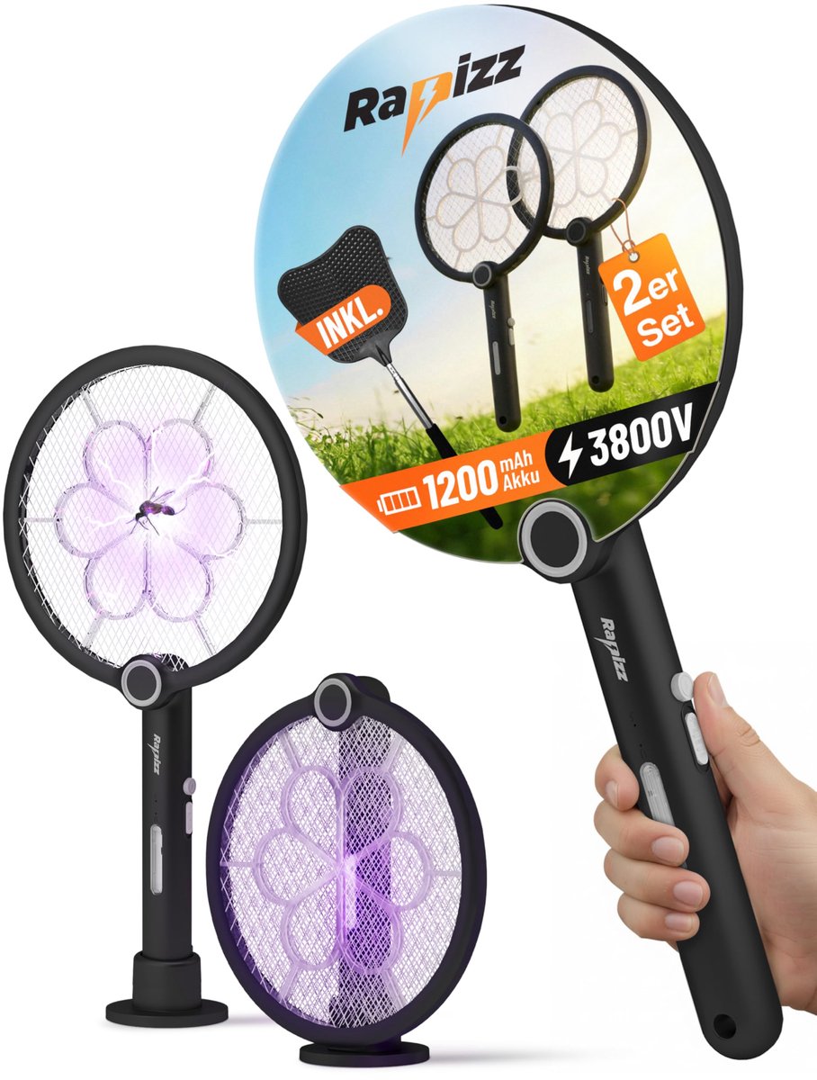 SnelShoppen - Rapizz Elektrische Vliegenmepper Set van 2 Stuks - Extra Sterk, 3-in-1 Functie, Inclusief Gratis Muggenmepper - Ideaal voor Tuin, Campin