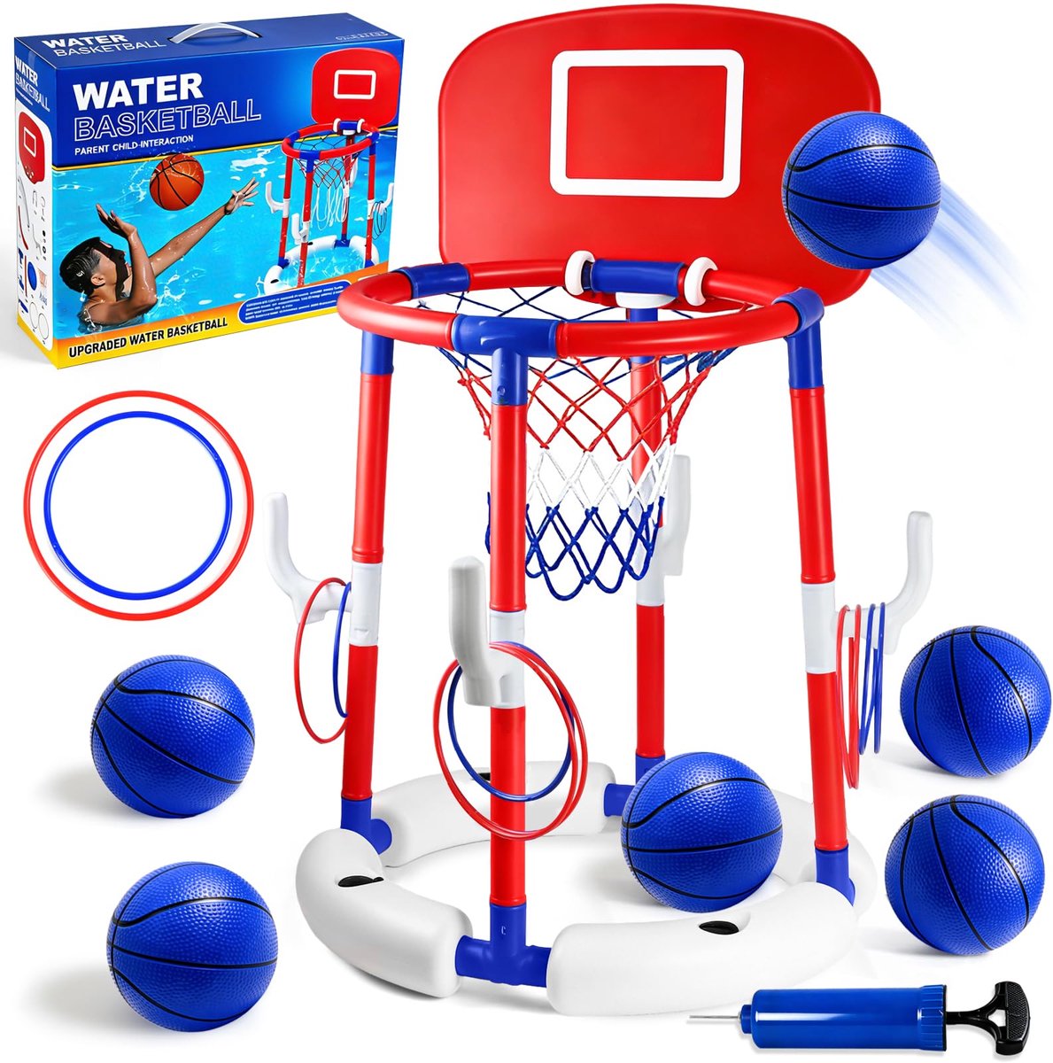 SnelShoppen - Joellfuner Waterbasketbalkorf voor Zwembad, Basketbalset met 6 Ballen en 10 Werpringen, Ideaal voor Zomer Spelen, Familie en Kinderen, Z