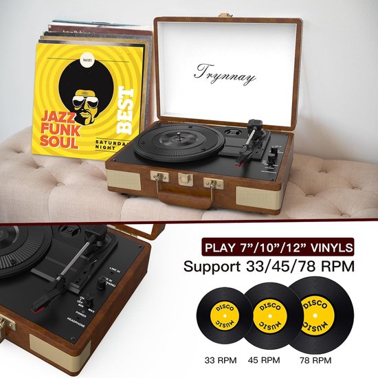 Platenspeler met Bluetooth - 3 Snelheden - Ingebouwde Speakers - Draagbare Koffer - Amandelkleurig — afbeelding 3