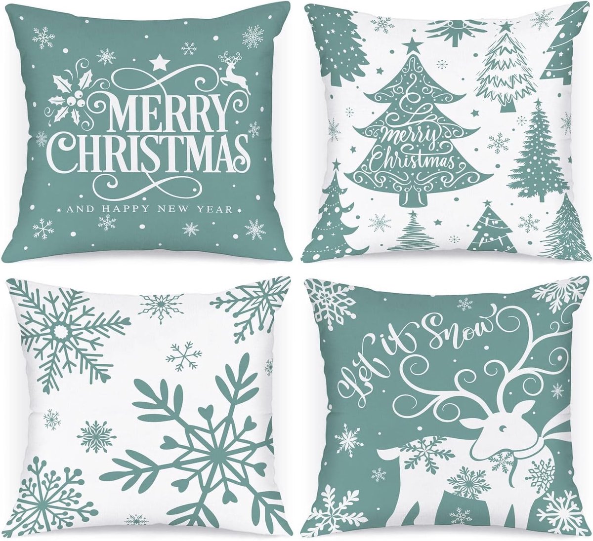 Set van 4 kerstkussens met cartoonherten en sneeuwvlokken, decoratieve kussenhoezen voor de feestdagen, 18x18 cm voor binnenhuisinrichting en bankdecoratie
