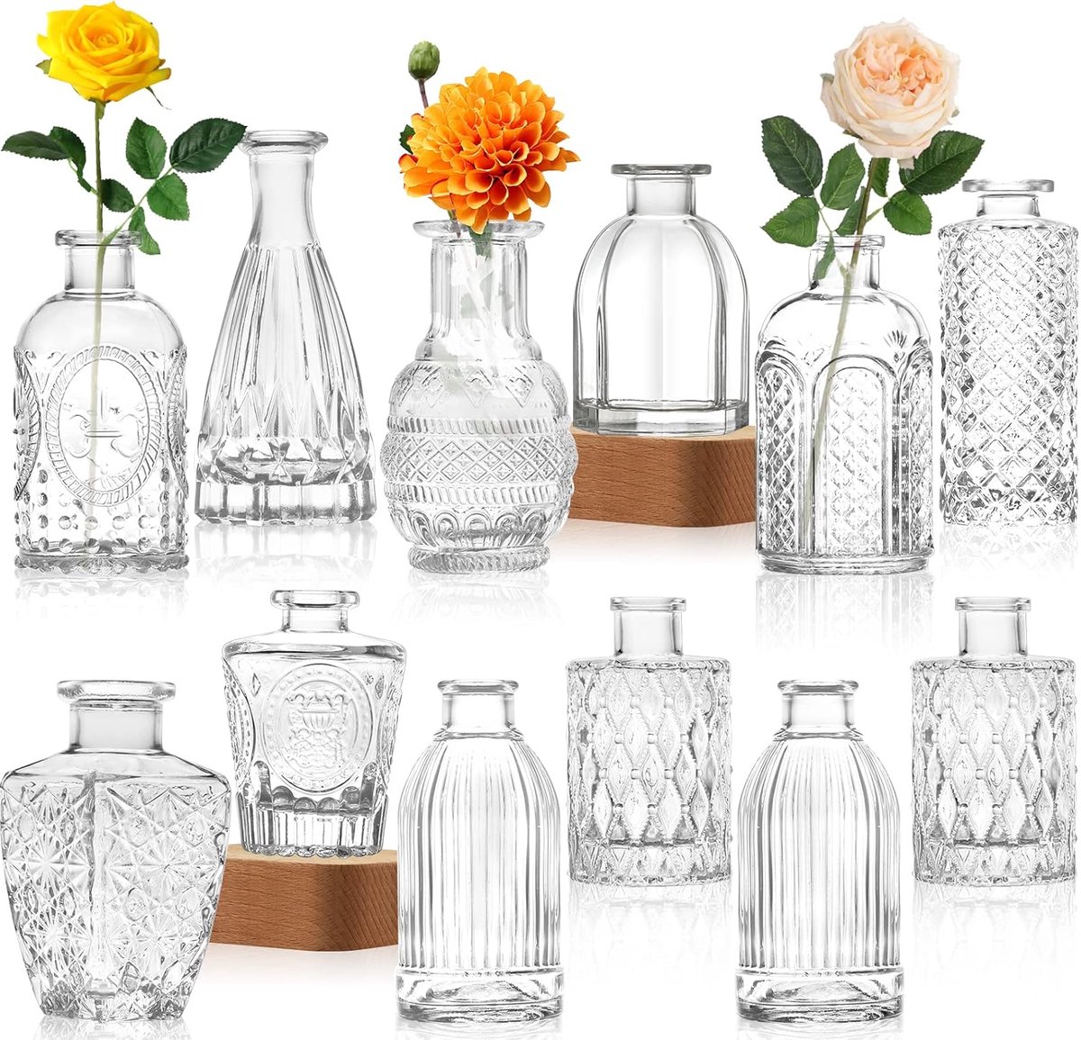 SnelShoppen - Glazen knopvaas, kleine vintage bloemenvaas, decoratieve tafeldecoratie voor thuis, bruiloft en feest, set van 12 stuks, perfect voor bl