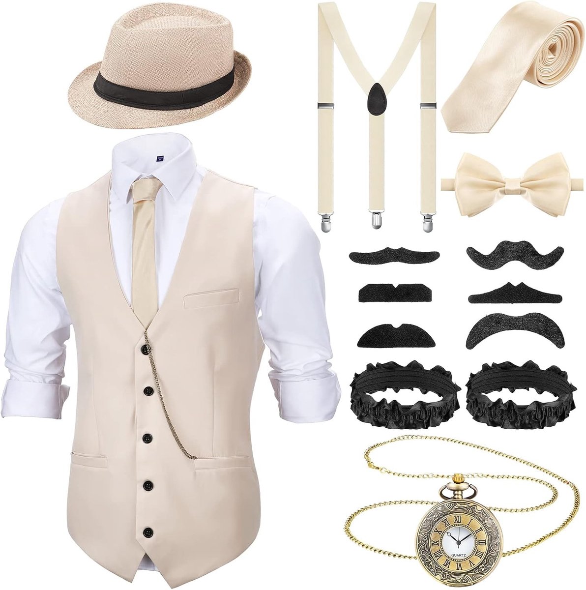 Stijlvolle 1920s Mannen Outfit met Vest, Fedora Hoed, Zakhorloge en Stevige Banden - Perfect voor Kostuumpartijen en Retro Evenementen (Medium) Beige