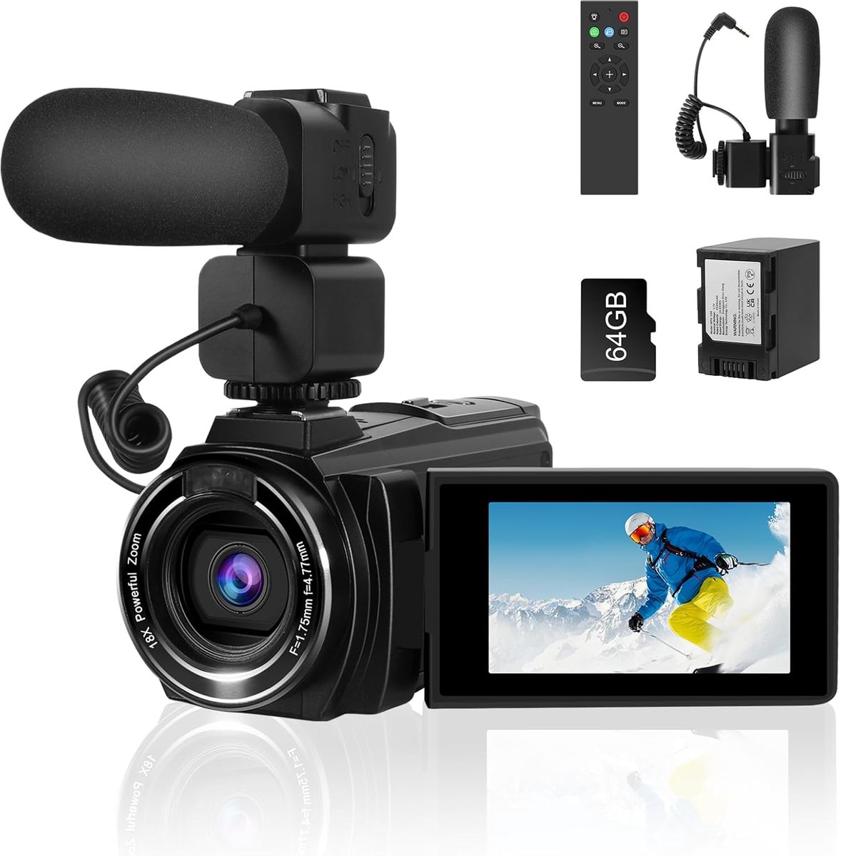 SnelShoppen - 8K Vlogging Camcorder met 64MP, 18x Digitale Zoom, IR Nachtzicht, WiFi Recorder, 64GB SD Kaart, 4500mAh (4.5 Uur Opname) voor Creatieve