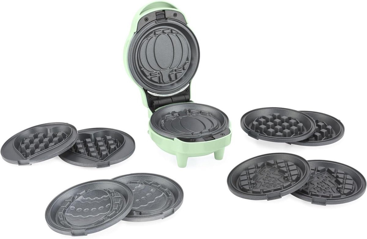 Mini Wafelmaker - Apparaat voor Gebak - Feestelijke Wafels Maken - 5 Verwisselbare Platen - Compact Model - Groen