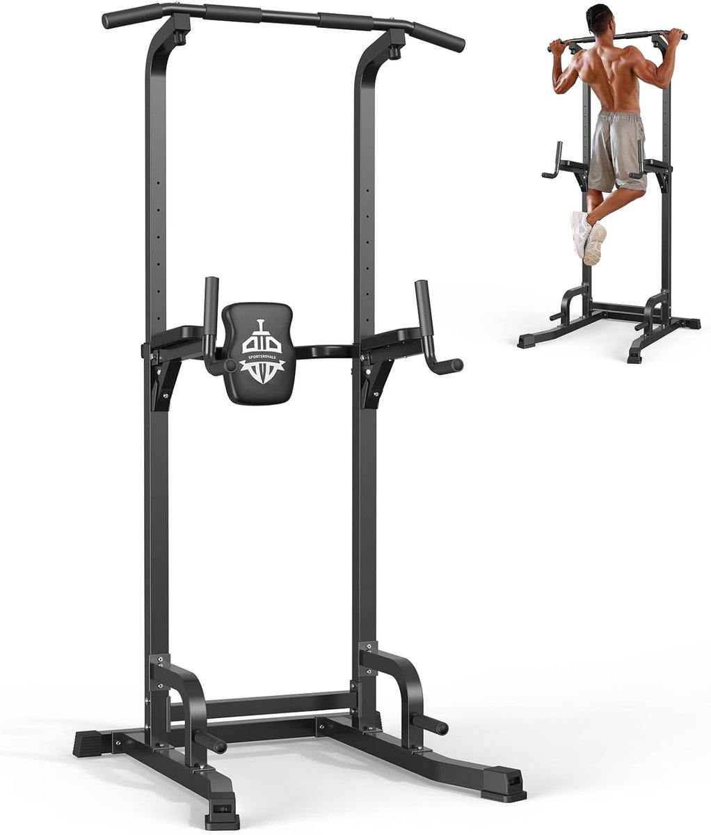 SnelShoppen - Sportsroyals Power Tower Dip Station, Multifunctionele Verstelbare Pull-up Stang voor Thuisgym, 181,4 kg, Sterk Staal, Zwart, Geschikt v