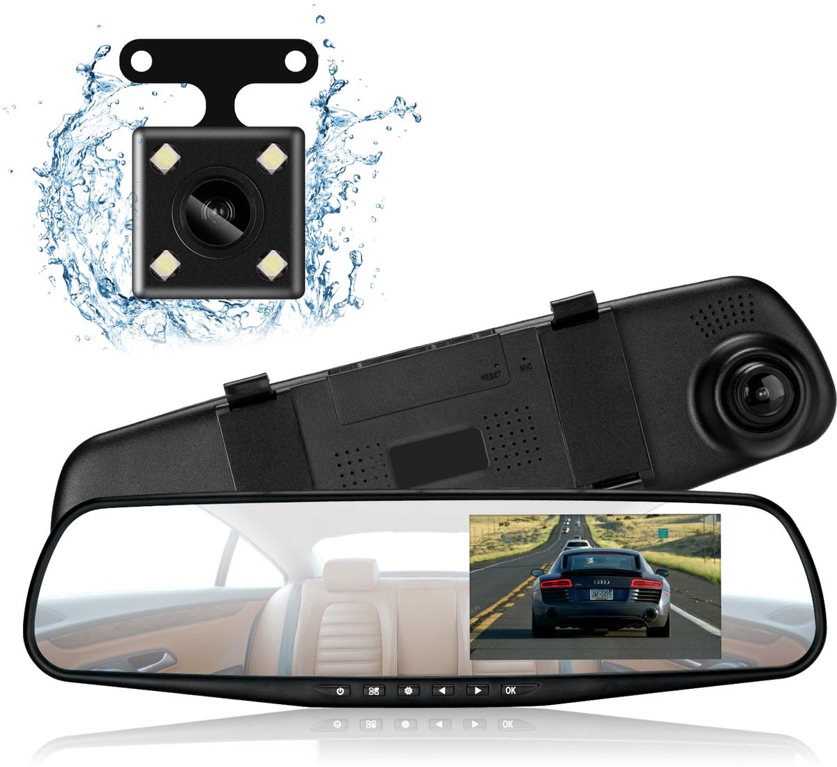 SnelShoppen - Podazz Dashcam Spiegel Voor en Achter, Full HD 1080P, 4,3 Inch, G-sensor, Auto Camera voor Veiligheid en Registratie