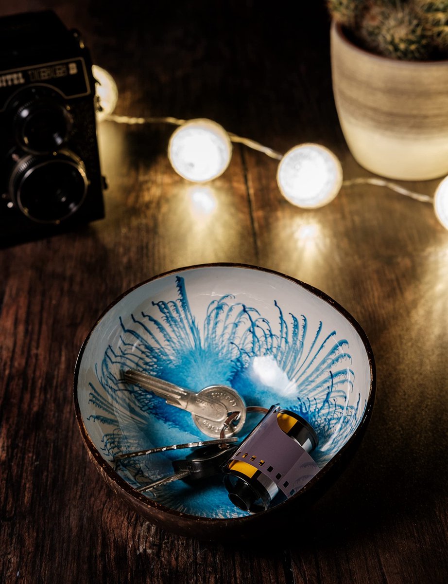 SnelShoppen - Kokosnoot schaal deco gang houten schaal sleutelhouder sieradenschaal lichtblauw-wit diameter 13 cm voor thuis, feest, camping en decora