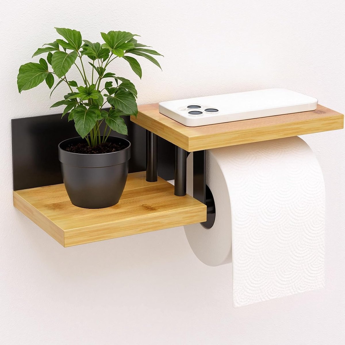 Houten toiletpapierhouder met plank en smartphonehouder | Wandmontage, Drilling, Badkameraccessoires, Keukenorganisatie, Functioneel ontwerp
