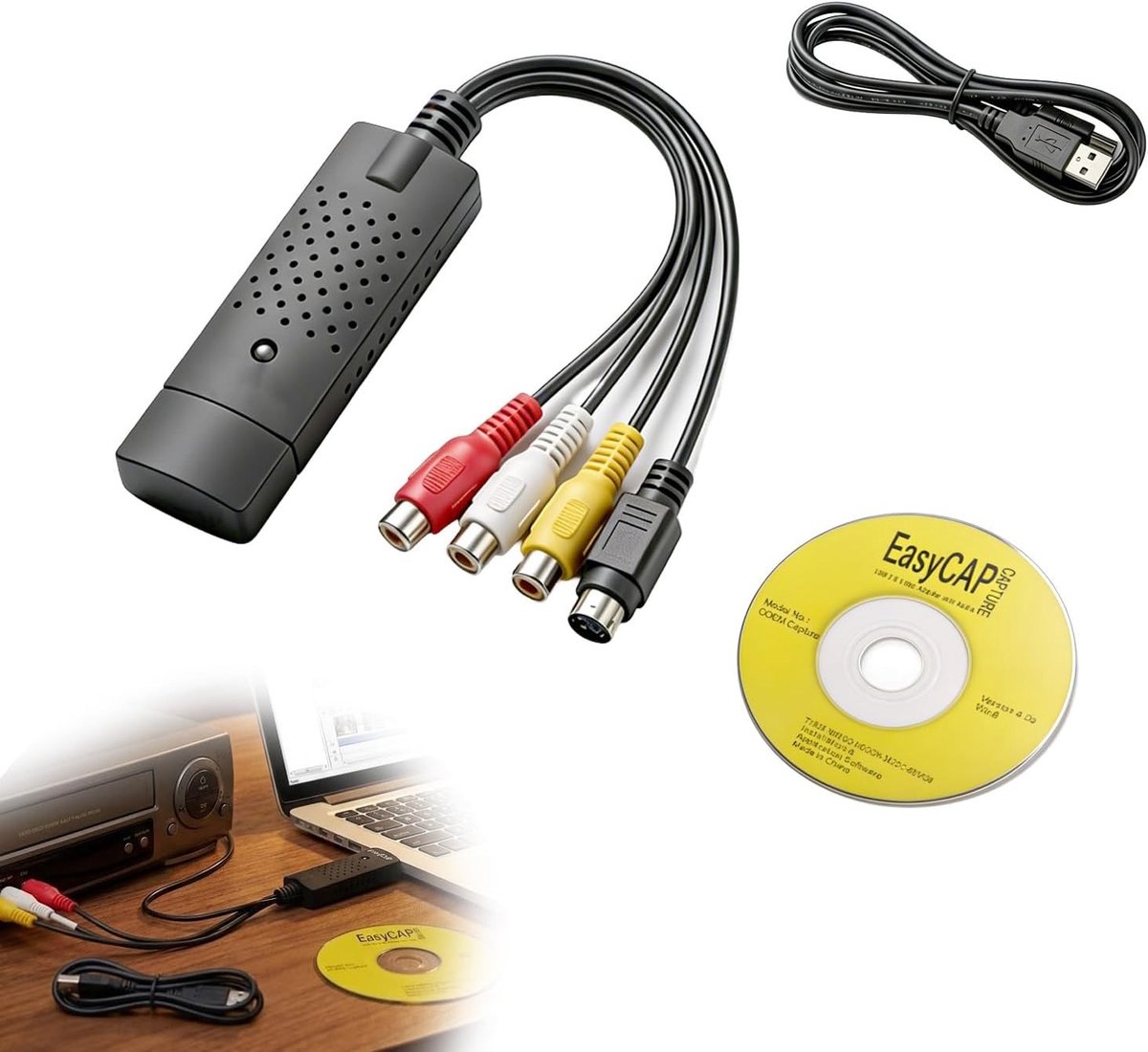 VHS naar Digitale Converter voor Scannen van Cassettes, USB 2.0, Compatibel met Windows, DVD en Hi8 naar PC Converter