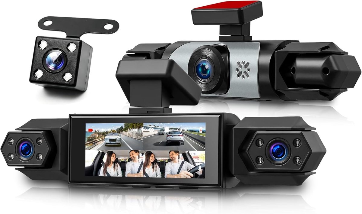 SnelShoppen - 4-kanaals 360° Dashcam voor Auto met 3,16 inch IPS-scherm, 1080p Camerasensor, Multitalig OSD, Perfect voor Veilig Autorijden