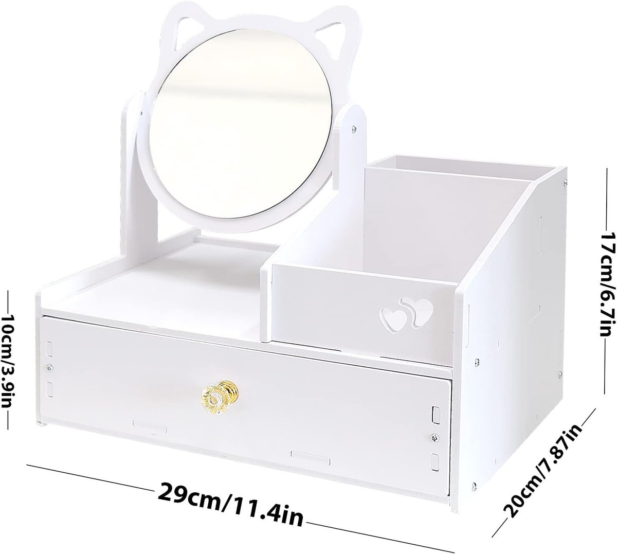 Cosmetic Organizer met Spiegel voor Make-up, Wit Bureau Organizer met Lade voor Slaapkamer en Badkamer, Ronde Spiegel en Ruimtebesparend Ontwerp