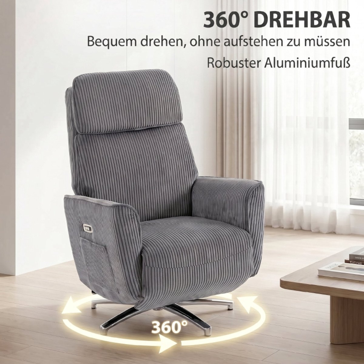 OKWISH Relaxfauteuil 360° Draaibaar - 2 Motoren Met Elektrische Verstelling - Verstelbare Rugleuning En Voetensteun - Voor Woonkamer En Tv Kamer - Polyester - Donkergrijs