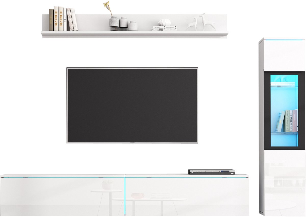 COVREO TV wandmeubel set 180 cm wit, hoogglans, LED, wandplank en vitrinekast