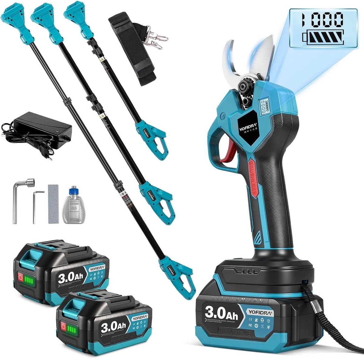 2-in-1 Elektrische Takkenschaar met Telescoopstang, Brushless Motor, 32 mm Snijdikte, LCD Display en 2 x 3,0 Ah Batterijen voor Efficiënt Snoeien van Takken en Fruitbomen