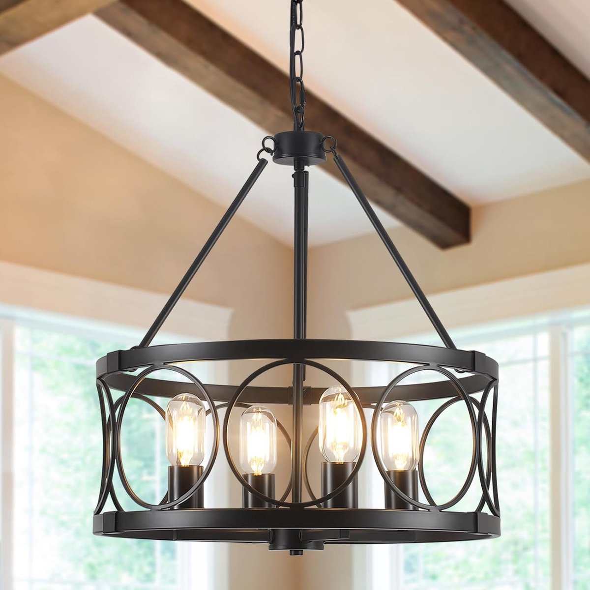SnelShoppen - Kroonluchter zwart, 4 lampen, industriële hanglamp, vintage plafondlamp, rond, in hoogte verstelbaar, E27, voor woonkamer, eetkamer, sla