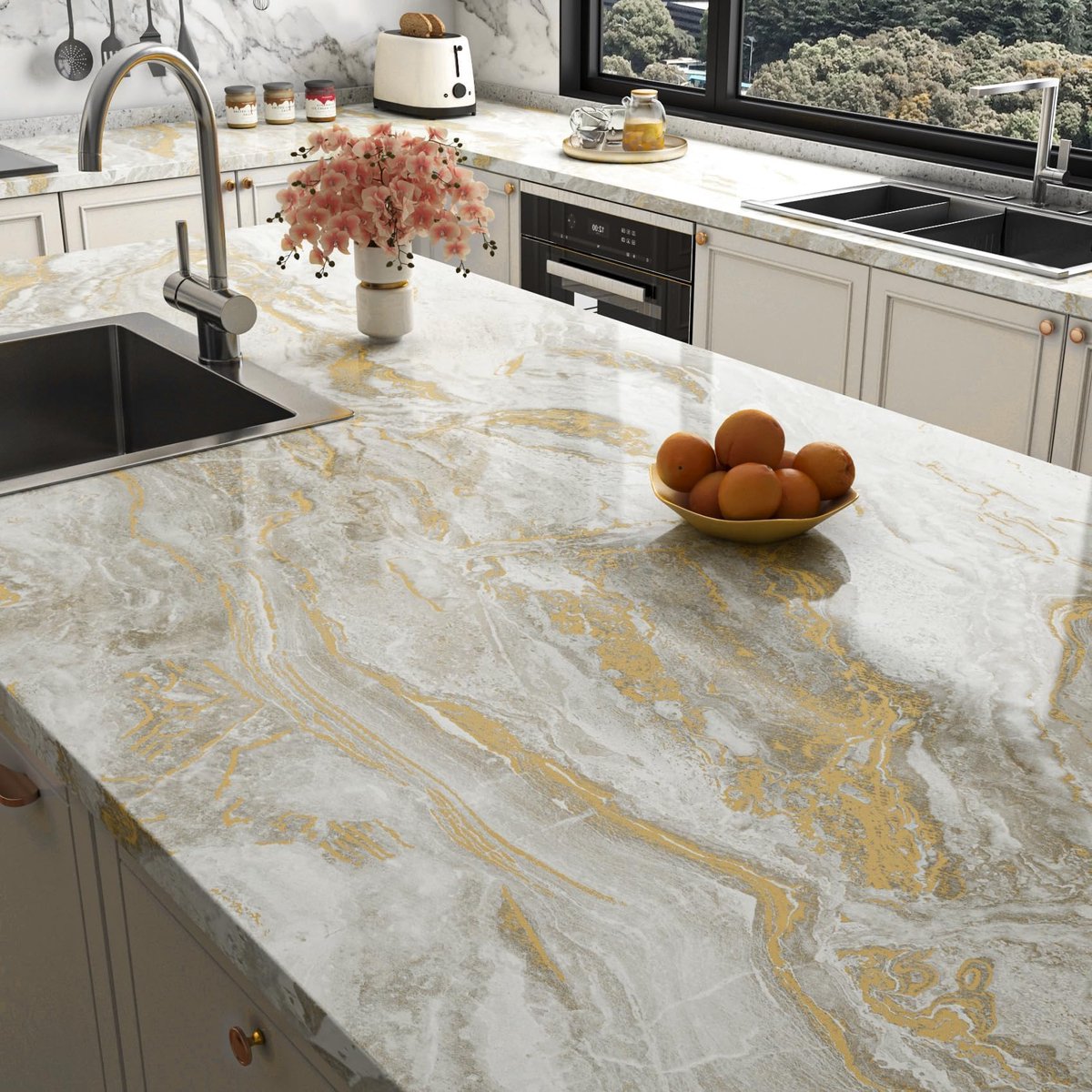 SnelShoppen - Zelfklevend Behang Marmer Effect Beige Goud 30 x 400 cm Plakfolie voor Meubels en Wandbekleding Waterdicht voor Badkamer en Keuken