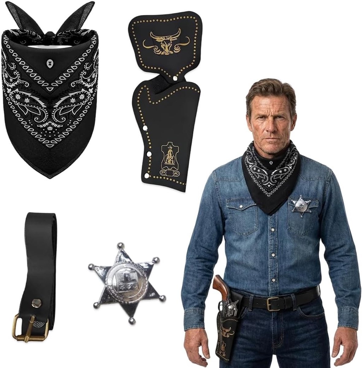 Cowboy Kostuum Accessoires Set voor Kinderen en Volwassenen - Deluxe Western Outfit met Handdoeken, Badge, Wapenhoes en Riem voor Cosplay Feestjes en Themafeesten
